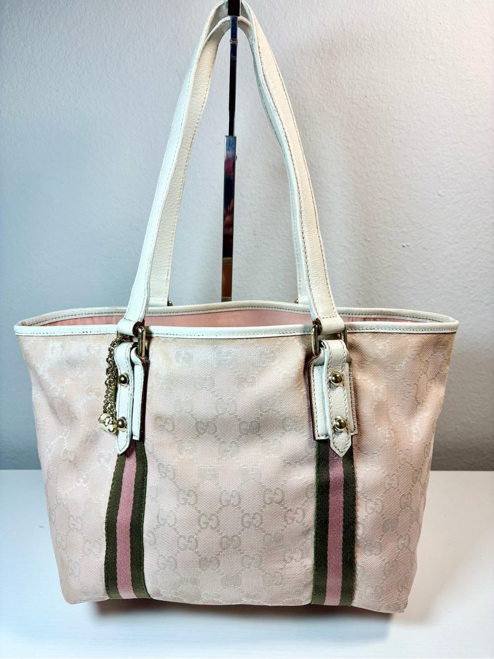 GUCCI Pink/White GG Canvas Jolicoeur Stripe Tote Bag